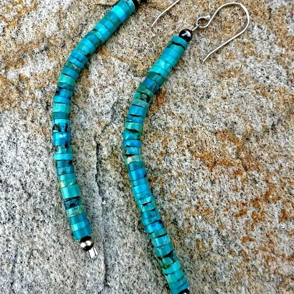 Sundance $148 NEW 4" Turquoise Heishi Sterling Silver Handmade Beaded Earrings - Picture 8 of 12